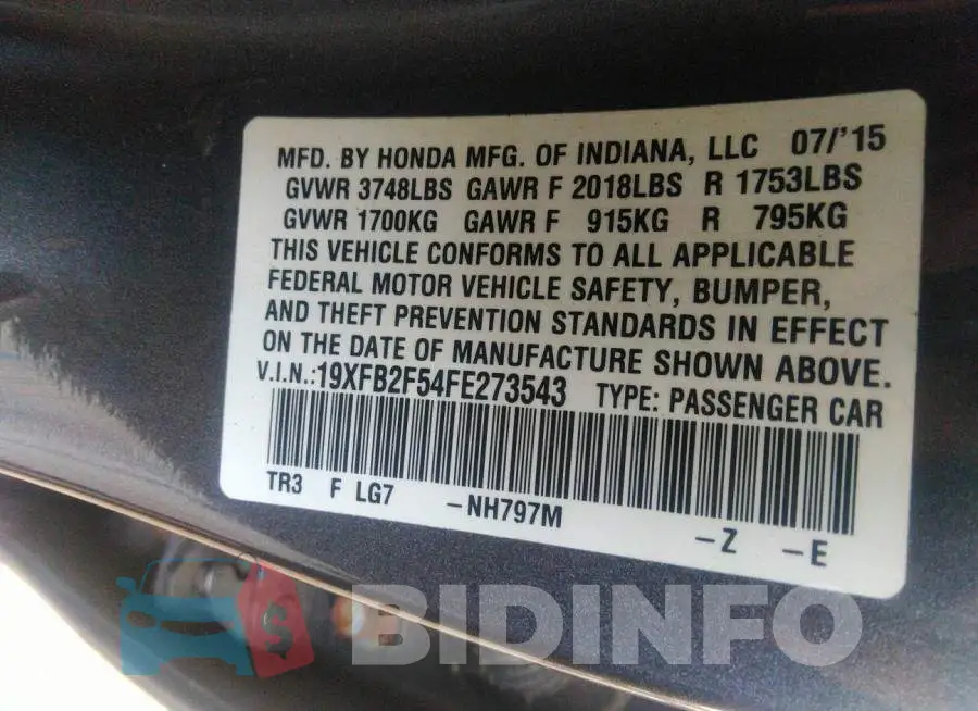 19XFB2F54FE273543 Photo# 9