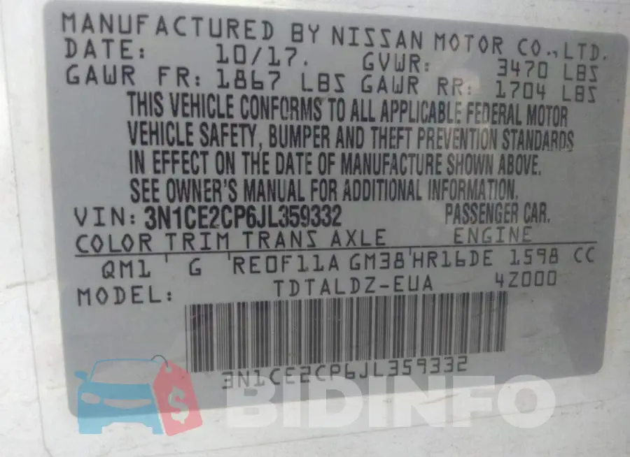 3N1CE2CP6JL359332 Photo# 9