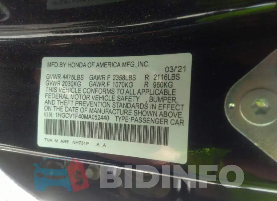 1HGCV1F40MA052440 Photo# 9