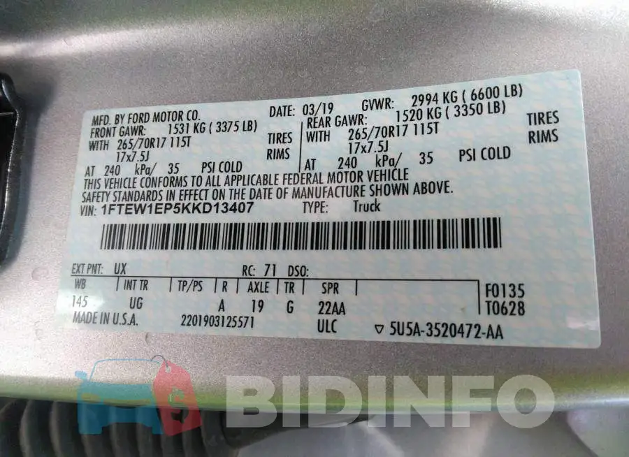 1FTEW1EP5KKD13407 Photo# 9