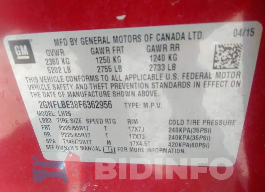 2GNFLBE38F6362956 Photo# 9