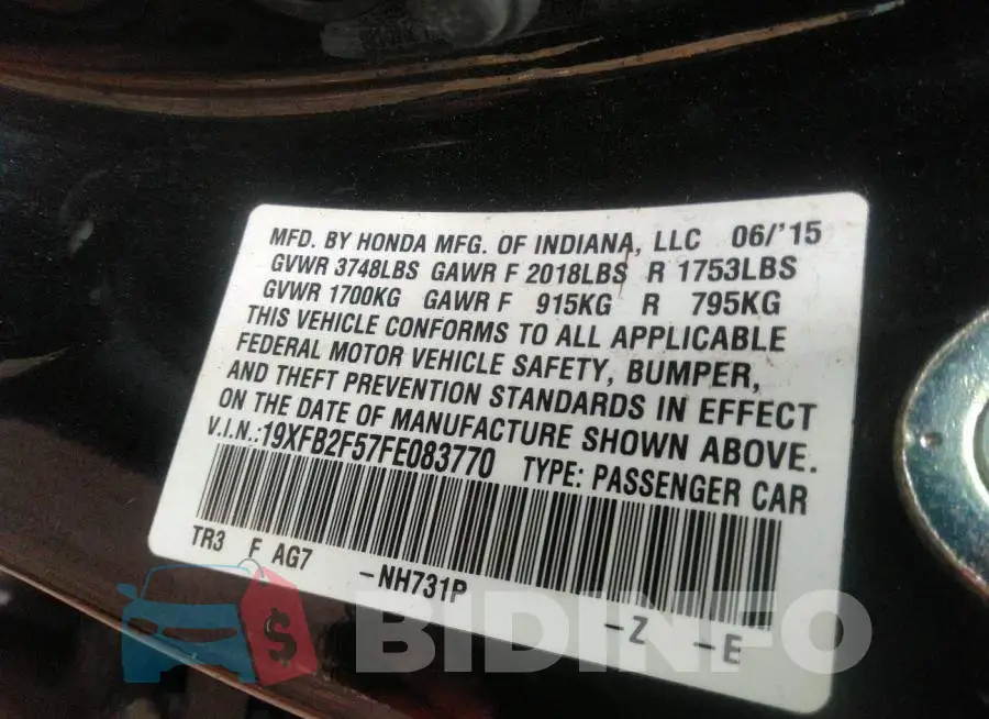 19XFB2F57FE083770 Photo# 9