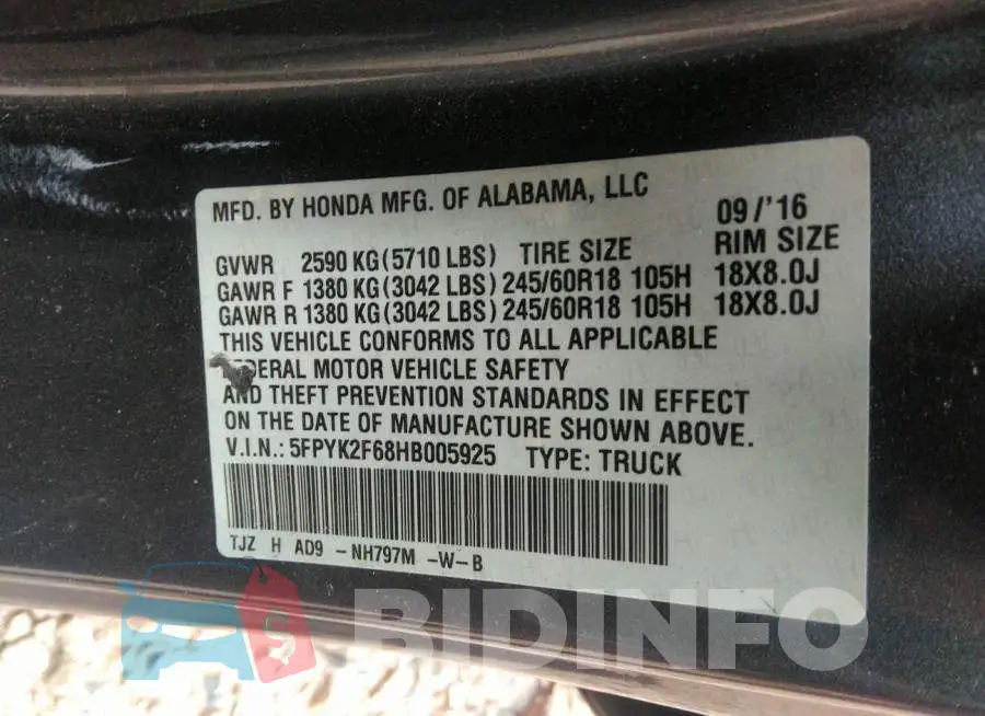 5FPYK2F68HB005925 Photo# 9