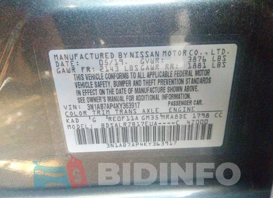 3N1AB7AP4KY363917 Photo# 9