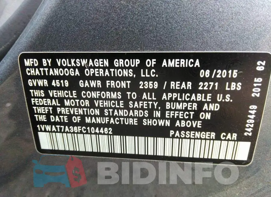 1VWAT7A36FC104462 Photo# 9