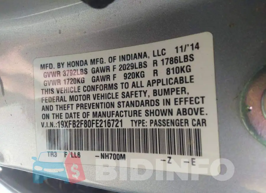 19XFB2F80FE216721 Photo# 9
