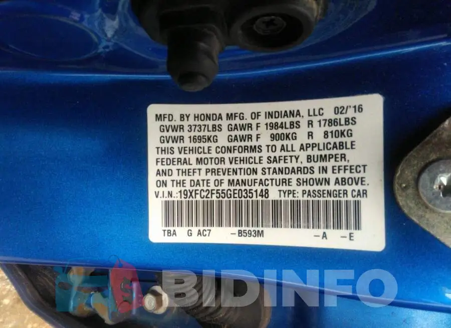 19XFC2F55GE035148 Photo# 9