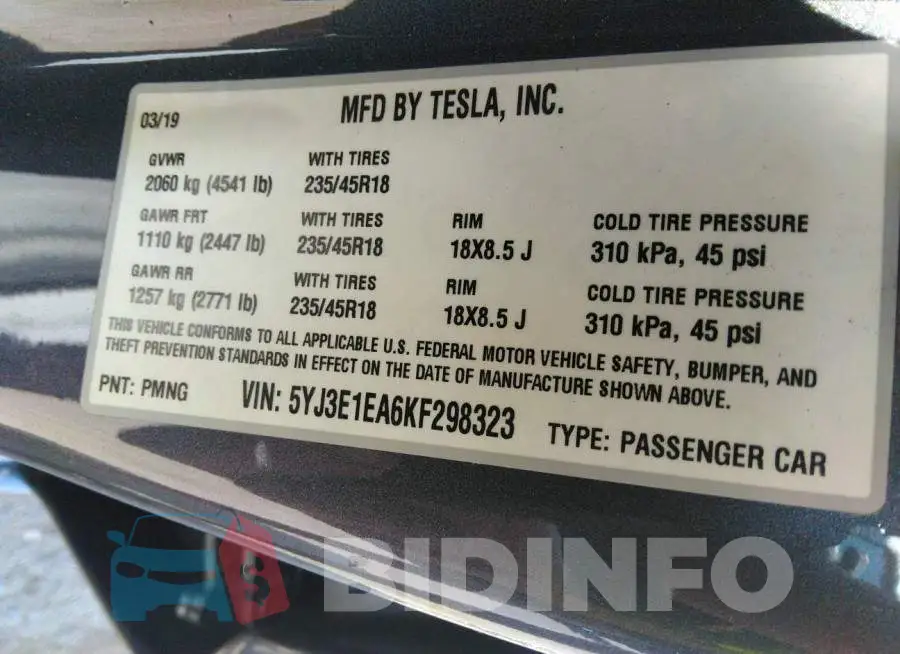 5YJ3E1EA6KF298323 Photo# 9