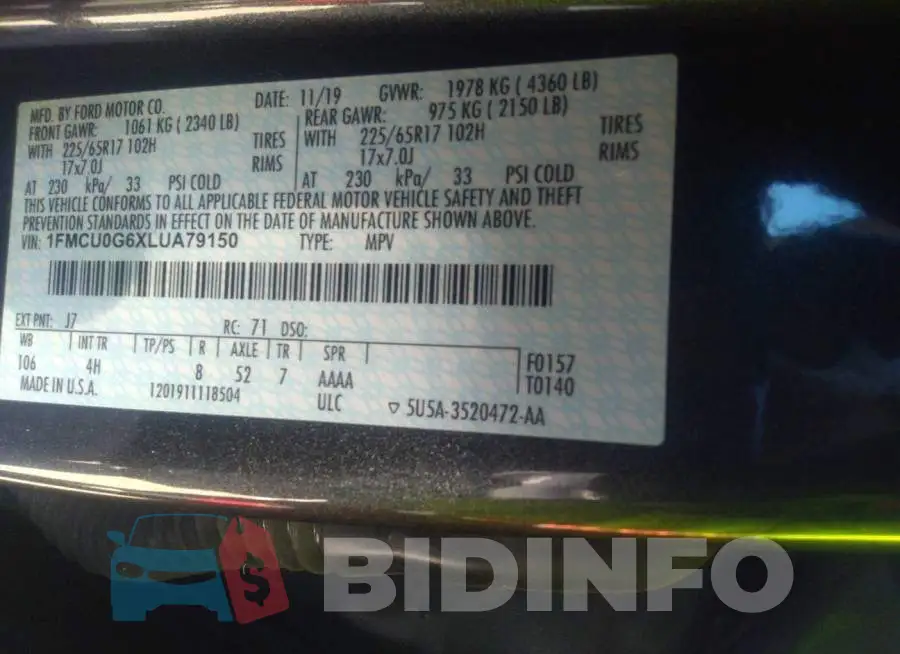 1FMCU0G6XLUA79150 Photo# 9