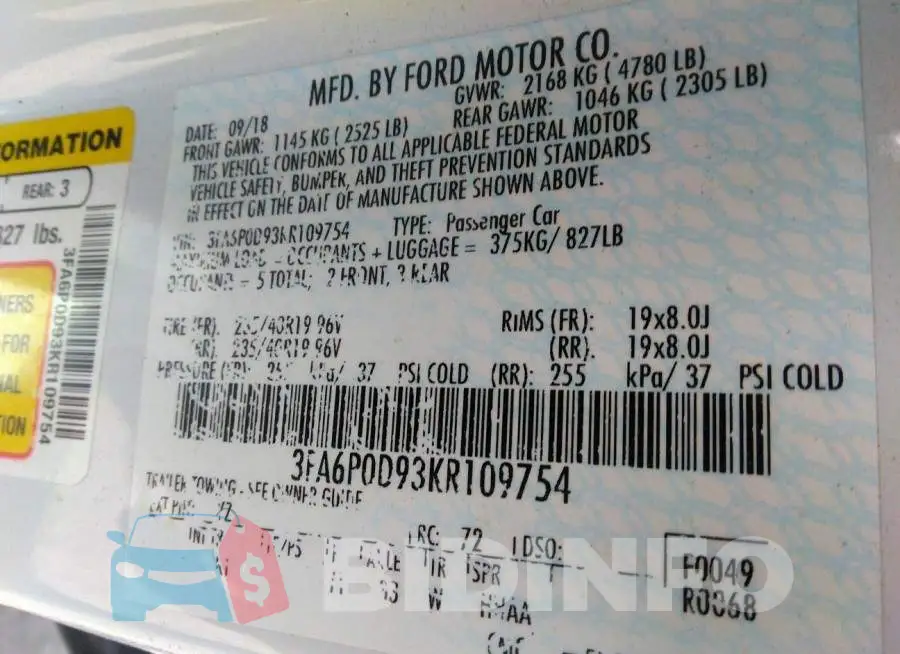 3FA6P0D93KR109754 Photo# 9