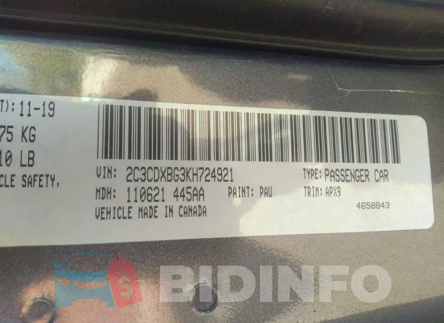 2C3CDXBG3KH724921 Photo# 9