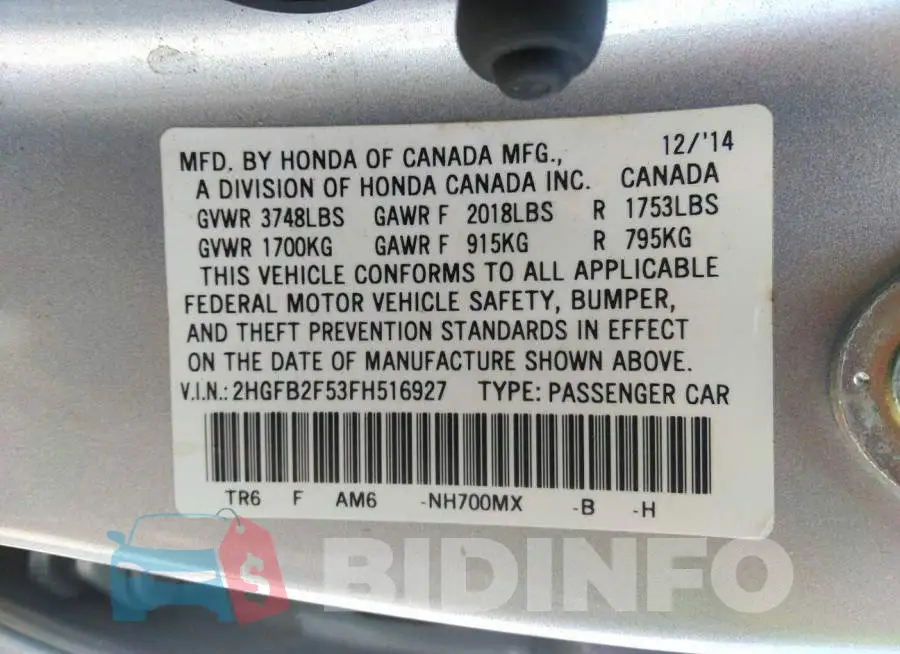 2HGFB2F53FH516927 Photo# 9