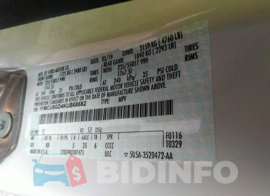 1FMCU9GD4KUB68682 Photo# 9