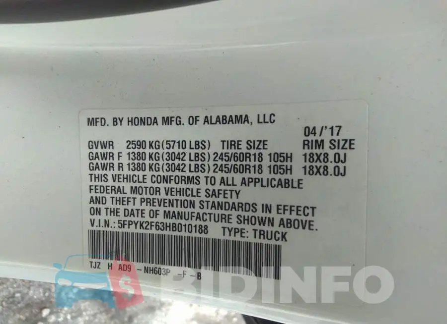 5FPYK2F63HB010188 Photo# 9