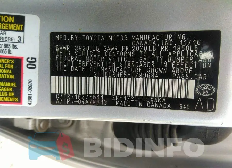 2T1BURHE5HC789684 Photo# 9