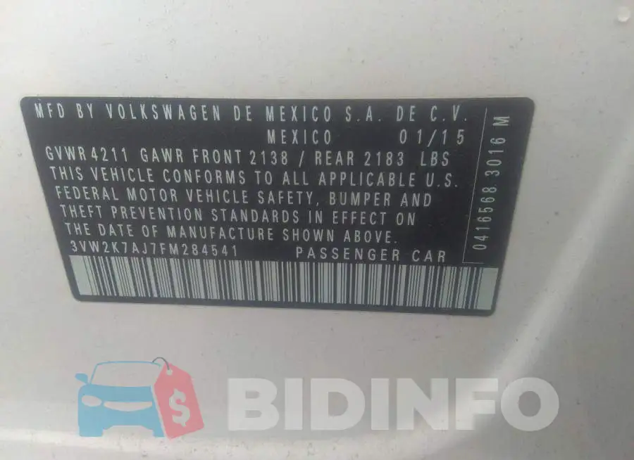 3VW2K7AJ7FM284541 Photo# 9