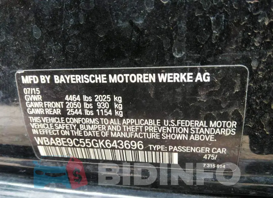 WBA8E9C55GK643696 Photo# 9