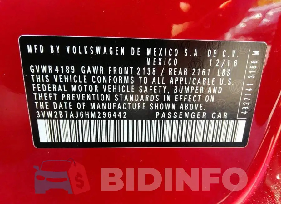 3VW2B7AJ6HM296442 Photo# 9