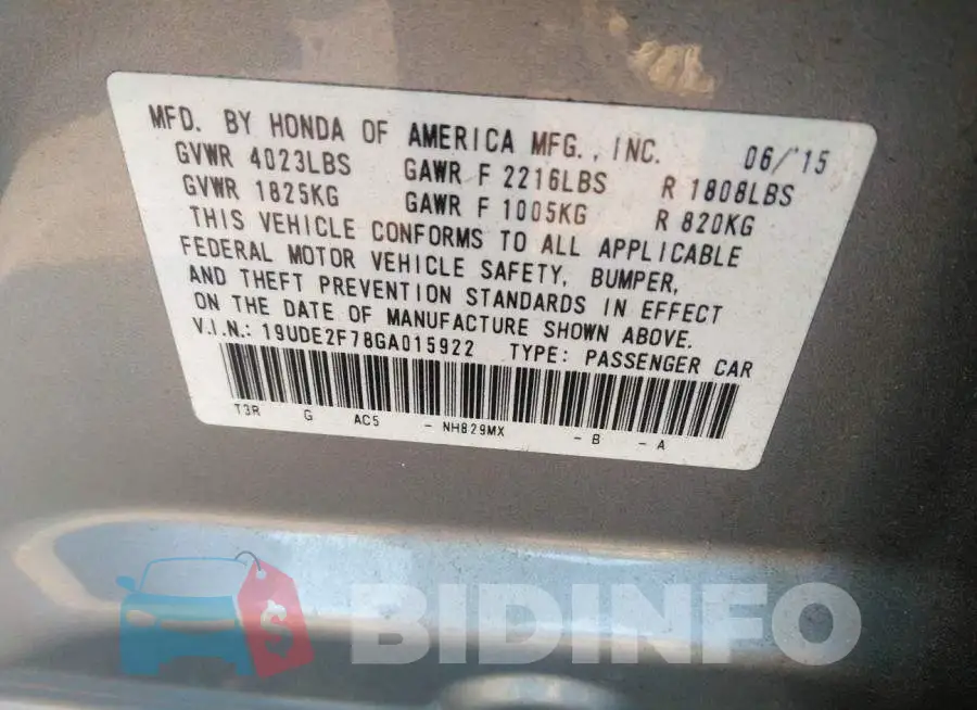 19UDE2F78GA015922 Photo# 9