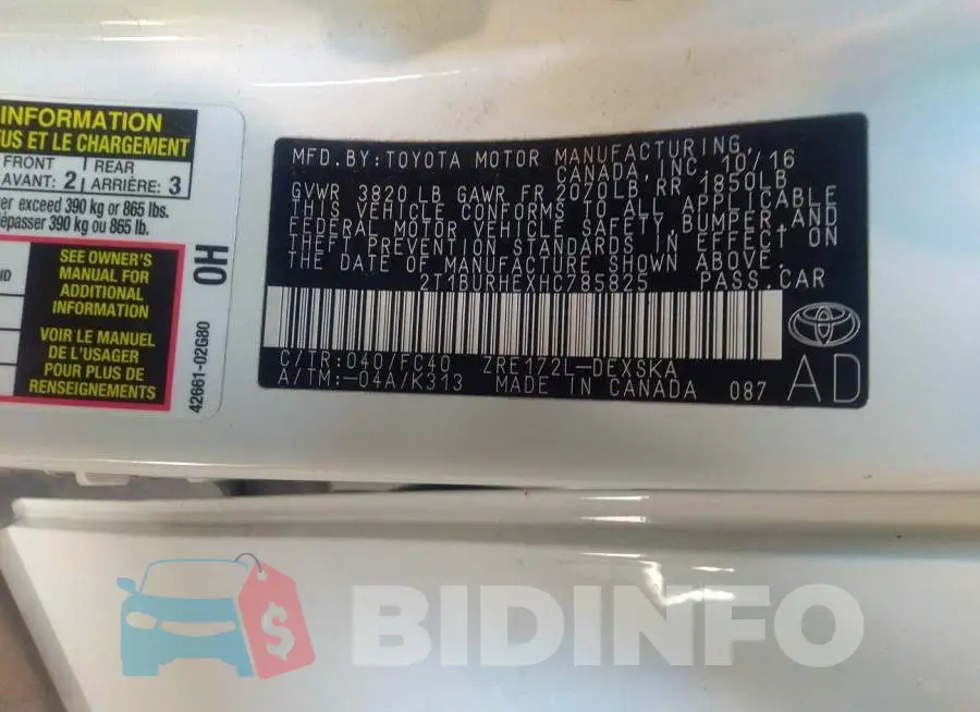2T1BURHEXHC785825 Photo# 9