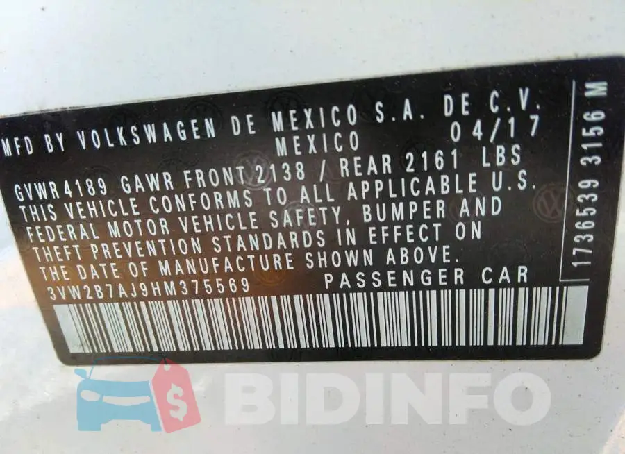 3VW2B7AJ9HM375569 Photo# 9