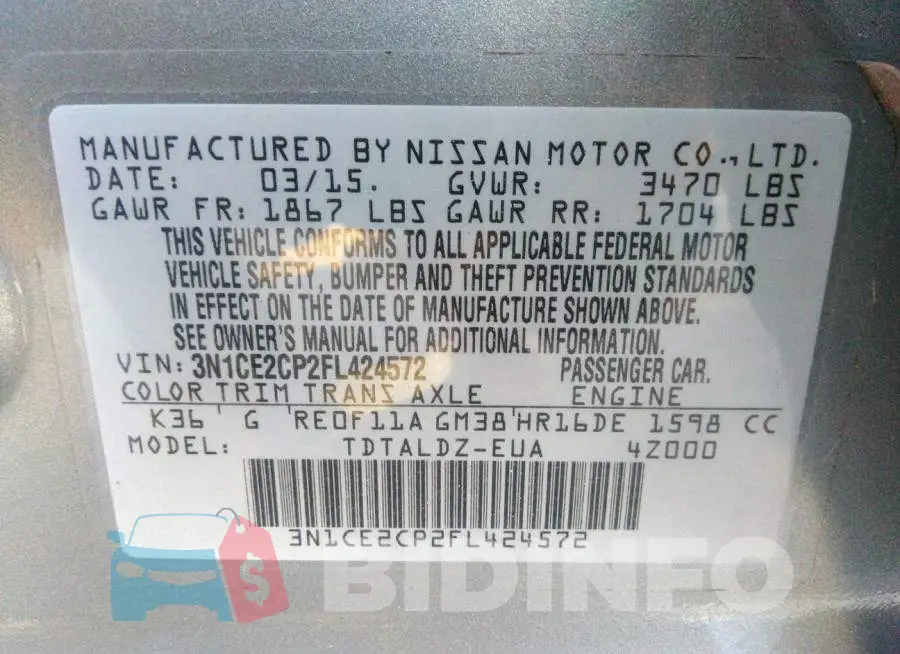 3N1CE2CP2FL424572 Photo# 9