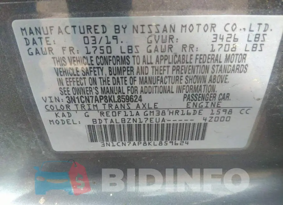 3N1CN7AP8KL859624 Photo# 9