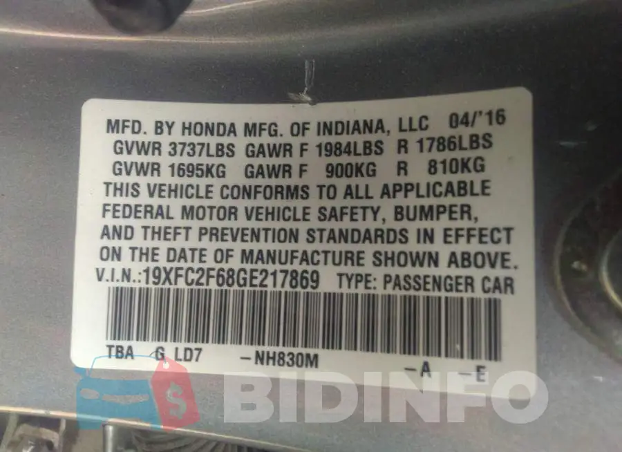 19XFC2F68GE217869 Photo# 9