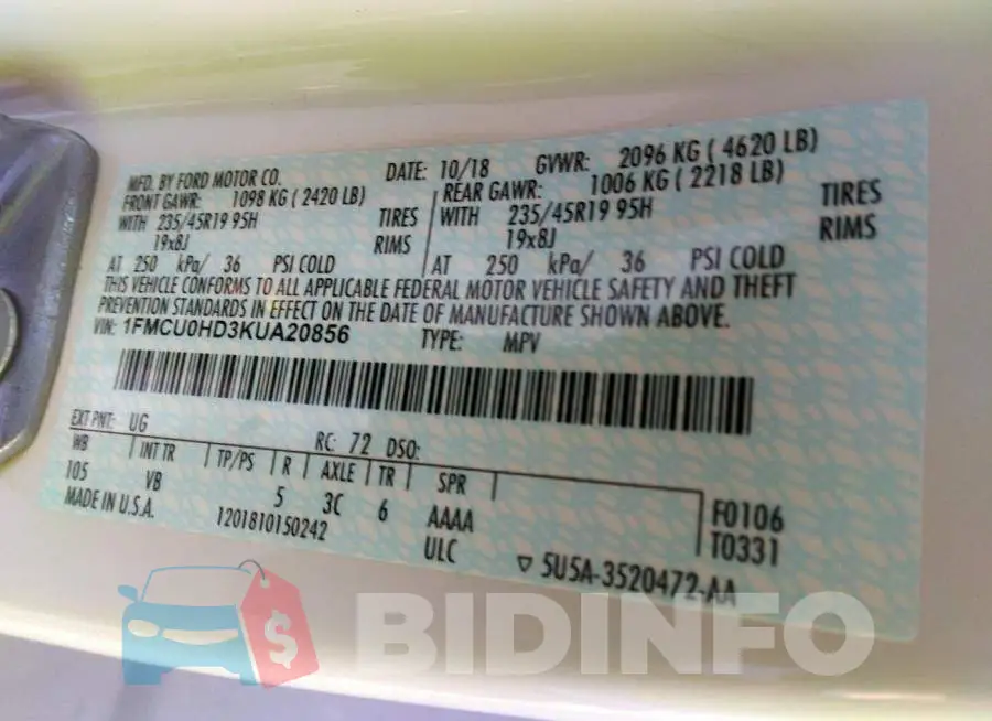 1FMCU0HD3KUA20856 Photo# 9