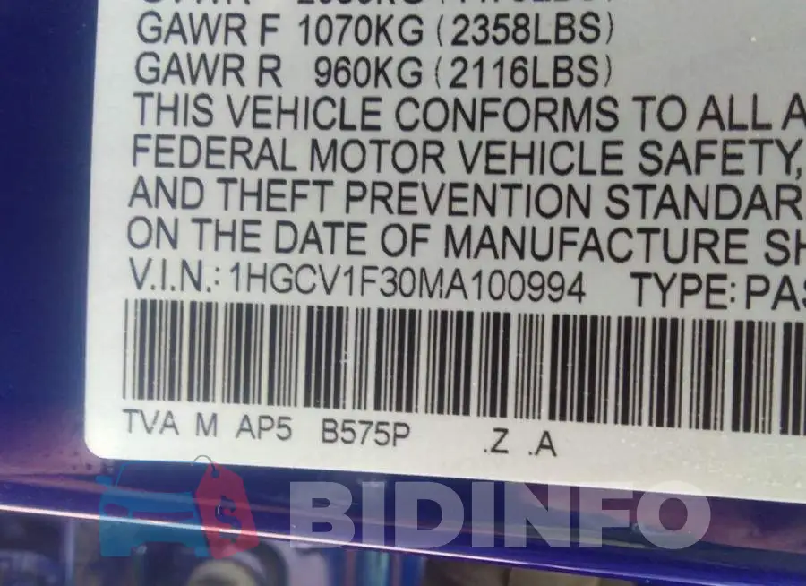 1HGCV1F30MA100994 Photo# 9