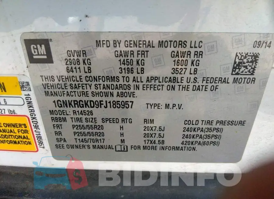 1GNKRGKD9FJ185957 Photo# 9