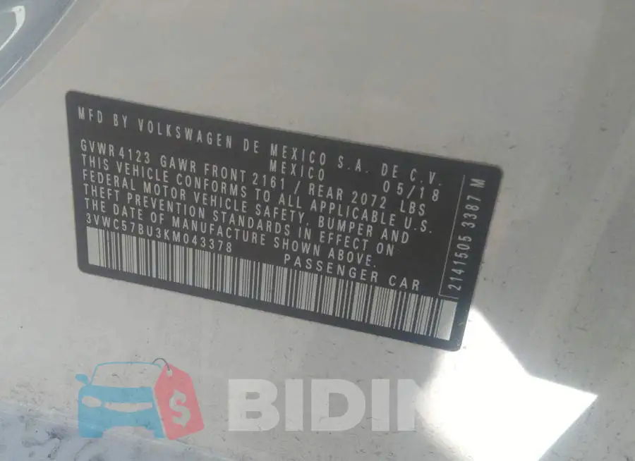 3VWC57BU3KM043378 Photo# 9