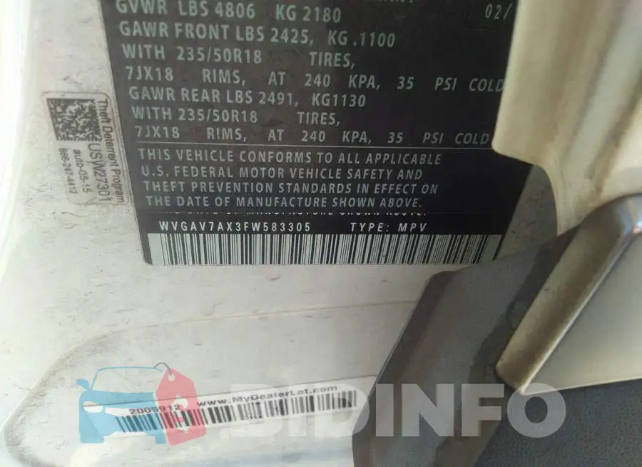WVGAV7AX3FW583305 Photo# 9