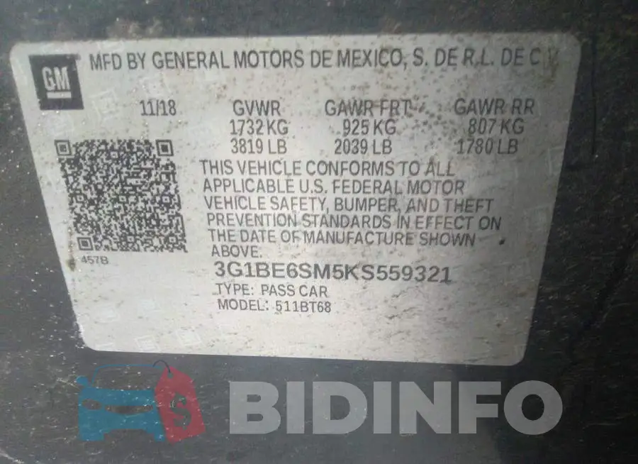 3G1BE6SM5KS559321 Photo# 9