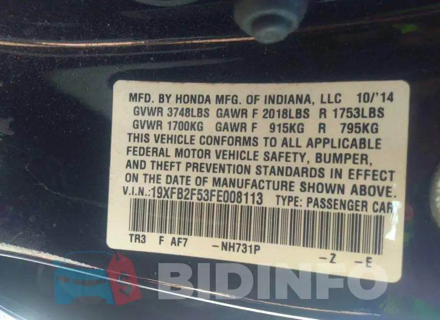 19XFB2F53FE008113 Photo# 9