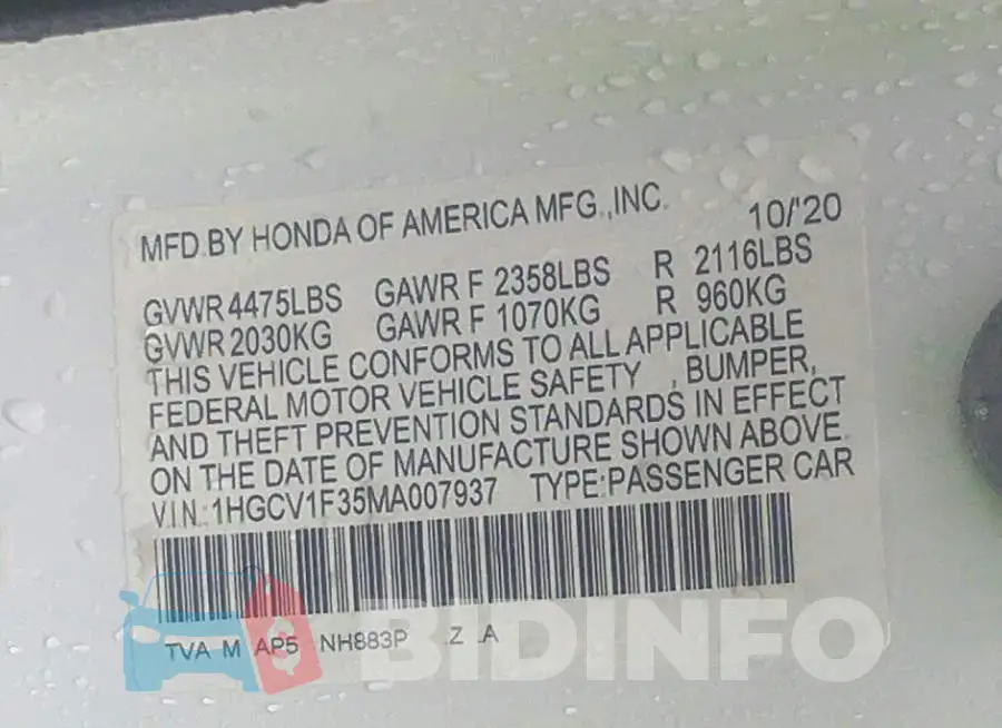 1HGCV1F35MA007937 Photo# 9