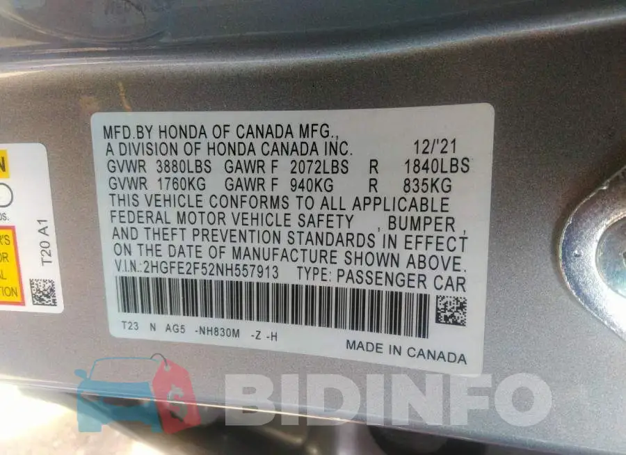 2HGFE2F52NH557913 Photo# 9