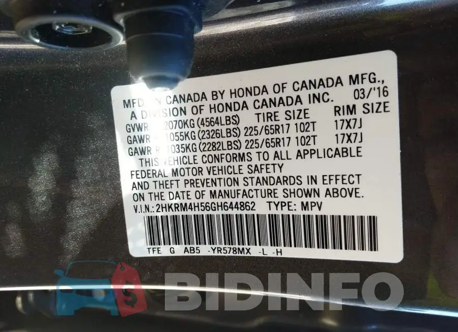2HKRM4H56GH644862 Photo# 9