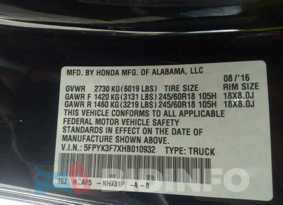 5FPYK3F7XHB010932 Photo# 9