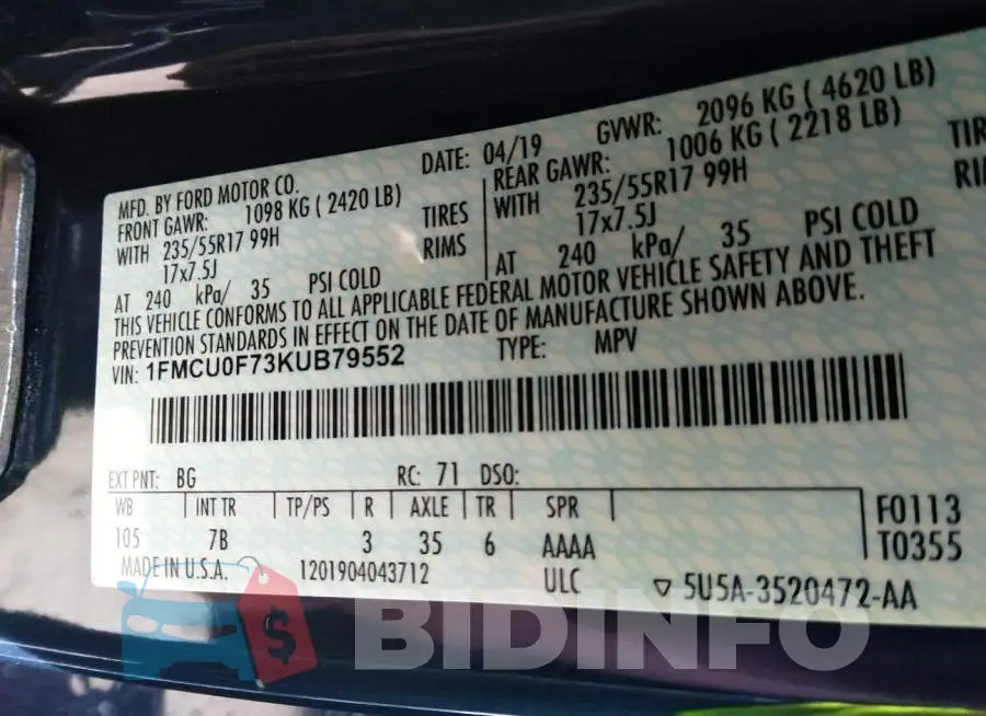 1FMCU0F73KUB79552 Photo# 9