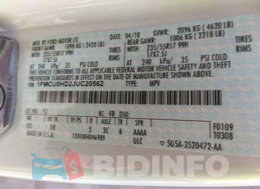 1FMCU0HD2JUC20562 Photo# 9