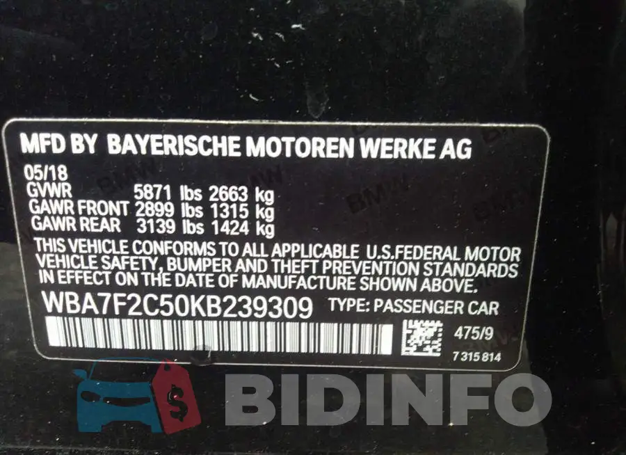 WBA7F2C50KB239309 Photo# 9