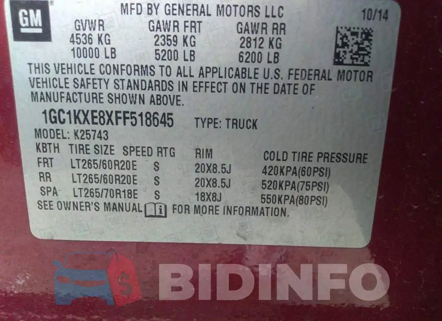 1GC1KXE8XFF518645 Photo# 9