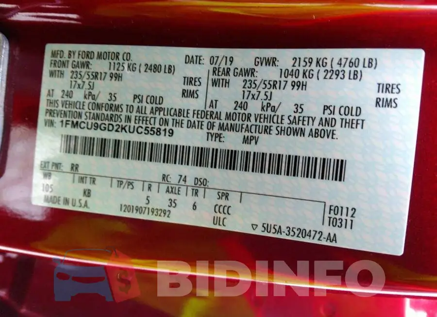 1FMCU9GD2KUC55819 Photo# 9
