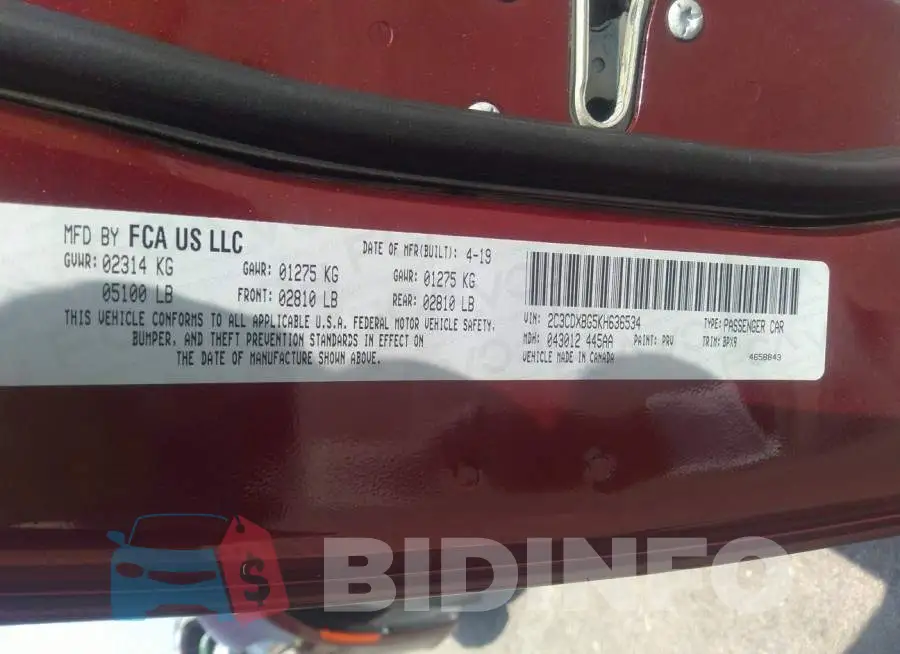 2C3CDXBG5KH636534 Photo# 9