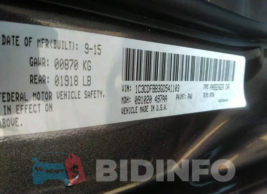 1C3CDFBB3GD541103 Photo# 9