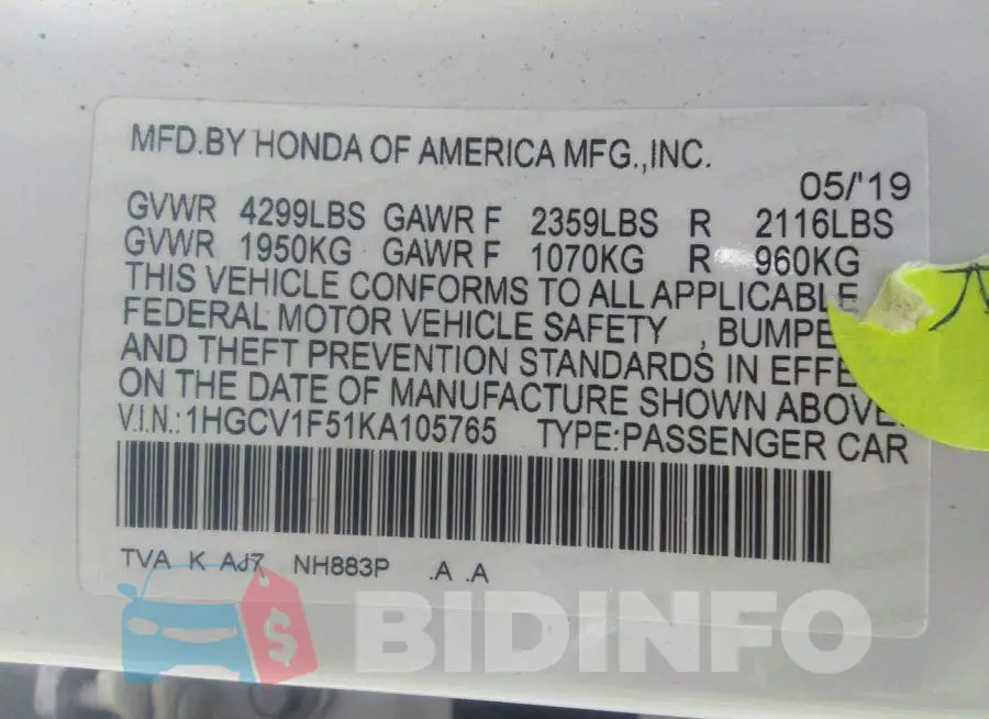 1HGCV1F51KA105765 Photo# 9