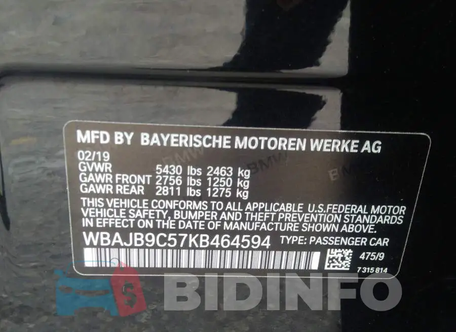 WBAJB9C57KB464594 Photo# 9