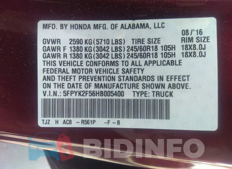 5FPYK2F56HB005400 Photo# 9
