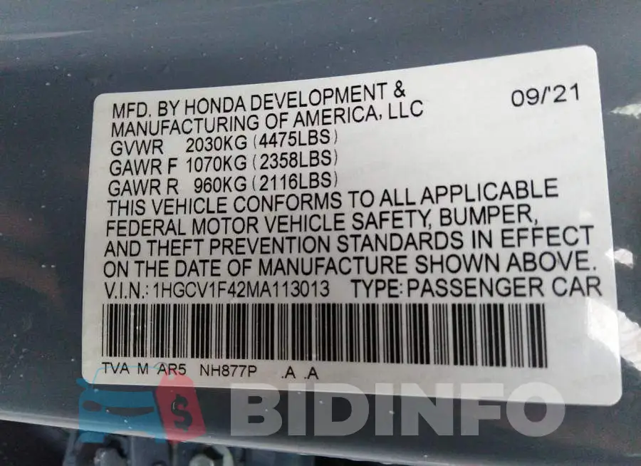 1HGCV1F42MA113013 Photo# 9